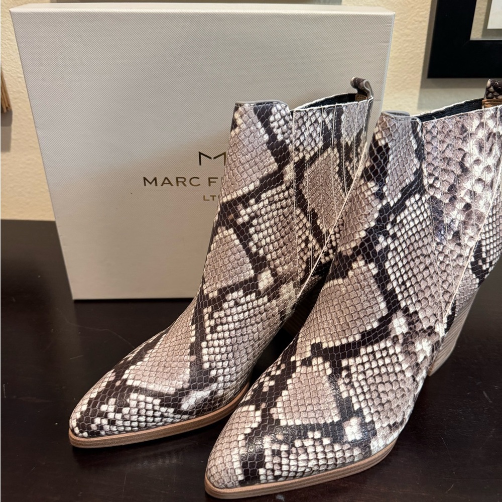 Marc Fisher Taupe and Black Snake-Print Pointed Ankle Boots